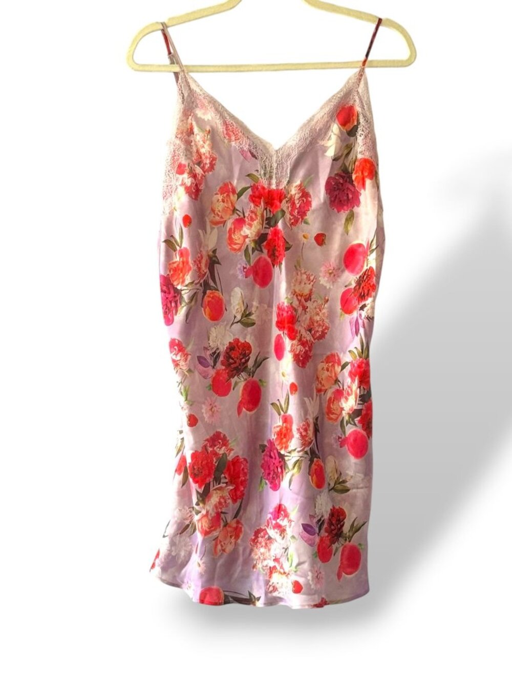 Floral Lace-Trim Satin Slip Dress Pink & Red Peony Print Adjustable Straps - L